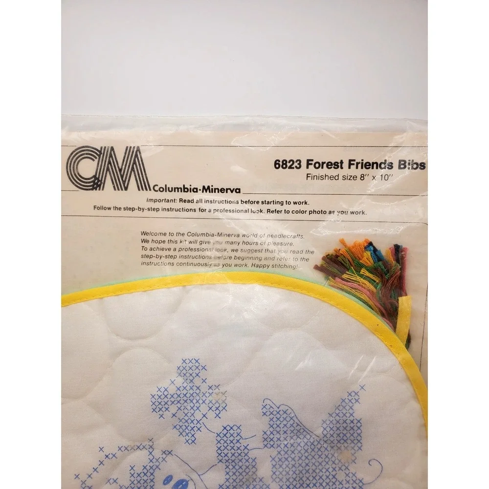 Vintage 1980 Columbia Minerva Forest Friends Baby Bib Cross Stitch Kit SEALED
